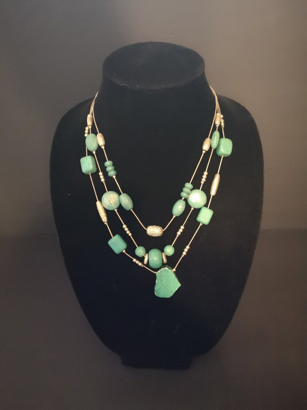 Chico's Multi Strand Necklace w/ Green Stones & Gold Tone Bead Accents